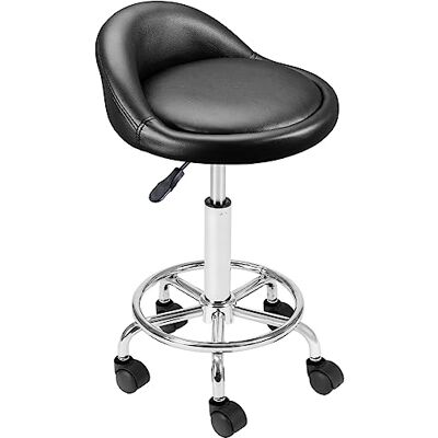 BAKAJI Tabouret avec roues, assise rembourrée et dossier bas en simili cuir, base avec repose-pieds en acier pivotant à 360°, hauteur réglable, idéal pour esthéticienne, bar, cuisine, restaurant, BAKAJI Tabouret avec roues, assise rembourrée et dossier bas en simili cuir, base avec repose-pieds en acier pivotant à 360°, hauteur réglable, idéal pour esthéticienne, bar, cuisine, restaurant,
