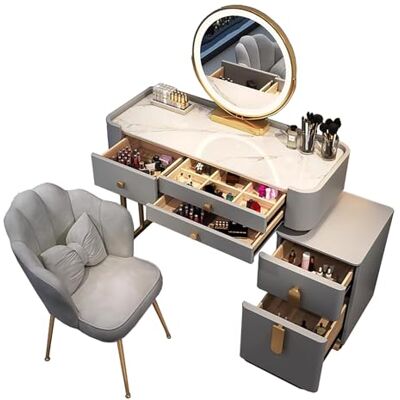 Lsoiup Petit bureau de maquillage avec miroir, 5 tiroirs, coiffeuse grise pour petits espaces, table de maquillage pour filles de 80 cm avec chaise pour chambre à coucher Lsoiup Petit bureau de maquillage avec miroir, 5 tiroirs, coiffeuse grise pour petits espaces, table de maquillage pour filles de 80 cm avec chaise pour chambre à coucher