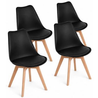 EGGREE Lot de 4 chaises de salle à manger, avec pieds en bois massif de hêtre, testées SGS, design rétro, pour cuisine, rembourrées, noires EGGREE Lot de 4 chaises de salle à manger, avec pieds en bois massif de hêtre, testées SGS, design rétro, pour cuisine, rembourrées, noires