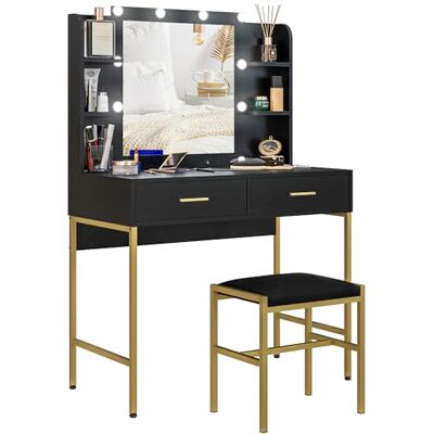 HOMCOM Coiffeuse Table de Maquillage avec Tabouret, Miroir et éclairage intégré, 2 tiroirs, étagères, Coiffeuse Moderne pour Chambre à Coucher, Noir HOMCOM Coiffeuse Table de Maquillage avec Tabouret, Miroir et éclairage intégré, 2 tiroirs, étagères, Coiffeuse Moderne pour Chambre à Coucher, Noir