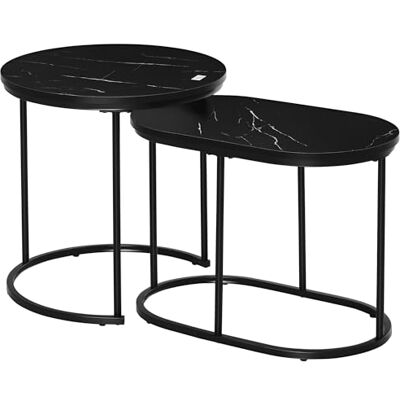 HOMCOM Lot de 2 Tables Basses Tables d'appoint gigognes en Acier et Plateau MDF Aspect marbre Table Ronde et Ovale Noir HOMCOM Lot de 2 Tables Basses Tables d'appoint gigognes en Acier et Plateau MDF Aspect marbre Table Ronde et Ovale Noir