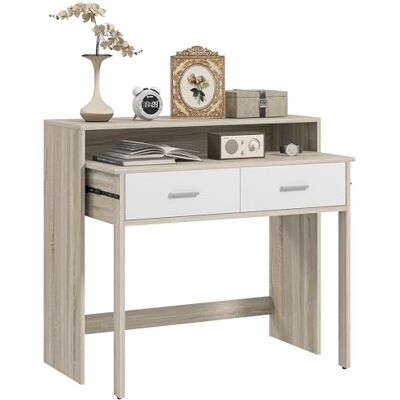 HOMCOM Table Console d'entrée avec Plateau Coulissant et 2 tiroirs, Table de Couloir avec Rangement pour Salon, entrée, Chambre, 95l x 35P x 87H cm, Aspect chêne HOMCOM Table Console d'entrée avec Plateau Coulissant et 2 tiroirs, Table de Couloir avec Rangement pour Salon, entrée, Chambre, 95l x 35P x 87H cm, Aspect chêne