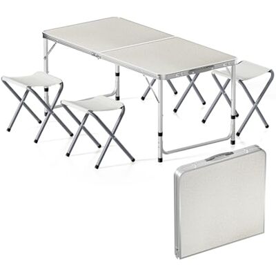 WilTec Kit Table de camping pliante, 1200 x 600 x 545 mm, avec 4 assises tabourets, table portable blanche MDF/alu, réglable en hauteur 54/61/70 cm, extérieur, BBQ, fêtes, barbecue, pique-nique WilTec Kit Table de camping pliante, 1200 x 600 x 545 mm, avec 4 assises tabourets, table portable blanche MDF/alu, réglable en hauteur 54/61/70 cm, extérieur, BBQ, fêtes, barbecue, pique-nique