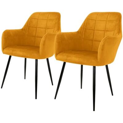 ECD Germany Set de 2x Chaises de Salle à Manger Moutarde, Style Moderne/Retro, Dossier et Accoudoirs Rembourrée Aspect Velours, Pieds en Métal Noir, Chaise Ergonomique, Fauteuil pour Salon/Chambre ECD Germany Set de 2x Chaises de Salle à Manger Moutarde, Style Moderne/Retro, Dossier et Accoudoirs Rembourrée Aspect Velours, Pieds en Métal Noir, Chaise Ergonomique, Fauteuil pour Salon/Chambre
