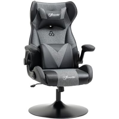 Vinsetto Chaise de Gaming Ergonomique Hauteur Réglable en PU Gris Noir Base Ronde, Accoudoir Relevable, Coussins Têtière et Lombaires Vinsetto Chaise de Gaming Ergonomique Hauteur Réglable en PU Gris Noir Base Ronde, Accoudoir Relevable, Coussins Têtière et Lombaires