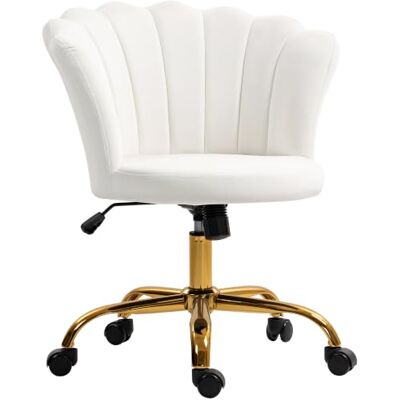 HOMCOM Chaise bureau en Velours Dossier en Pétale Hauteur Réglable Blanc Chaise Coiffeuse Pivotante, Fonction Bascule, Assise Rembourrée, Fauteuil Coquillage, pour Bureau Salon Chambre HOMCOM Chaise bureau en Velours Dossier en Pétale Hauteur Réglable Blanc Chaise Coiffeuse Pivotante, Fonction Bascule, Assise Rembourrée, Fauteuil Coquillage, pour Bureau Salon Chambre