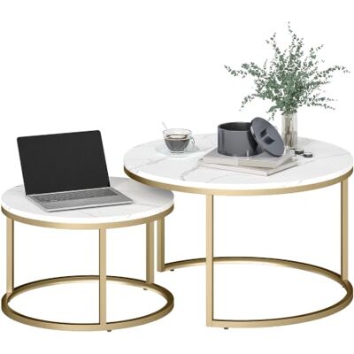 HOMCOM Lot de 2 Tables Basses gigognes, Table Basse Ronde, empilable, Design Industriel, Pieds en métal, Blanc HOMCOM Lot de 2 Tables Basses gigognes, Table Basse Ronde, empilable, Design Industriel, Pieds en métal, Blanc
