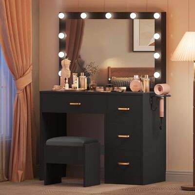 YITAHOME Coiffeuse avec miroir, 4 tiroirs, tabouret, éclairage, prise de courant, noire (table de maquillage, coiffeuse, table de vanité) YITAHOME Coiffeuse avec miroir, 4 tiroirs, tabouret, éclairage, prise de courant, noire (table de maquillage, coiffeuse, table de vanité)