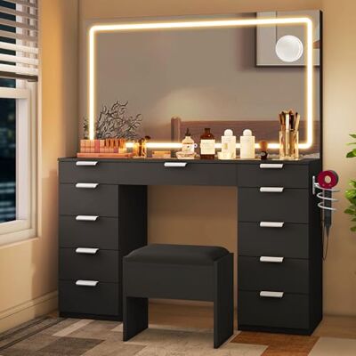 YITAHOME Grande coiffeuse avec éclairage LED réglable et prises, avec miroir, 11 tiroirs et tabouret, noire YITAHOME Grande coiffeuse avec éclairage LED réglable et prises, avec miroir, 11 tiroirs et tabouret, noire