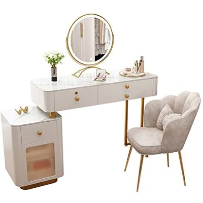 CWCQGH Coiffeuse en ardoise en bois pour chambre à coucher, moderne et minimaliste, petite table de maquillage, armoire combinée, miroir, cadre en bois, tabouret rond 80 cm CWCQGH Coiffeuse en ardoise en bois pour chambre à coucher, moderne et minimaliste, petite table de maquillage, armoire combinée, miroir, cadre en bois, tabouret rond 80 cm