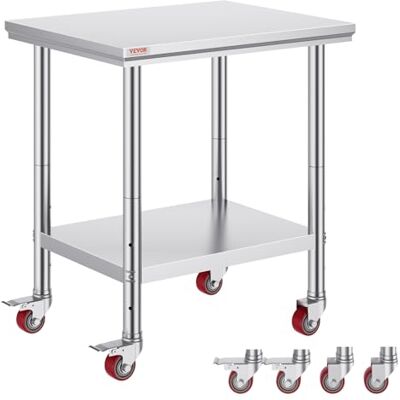 VEVOR Table de travail de restauration en acier inoxydable de 76,2 x 61 cm avec 4 roues – Établi de préparation des aliments avec étagère de réglage flexible pour table de préparation de cuisine VEVOR Table de travail de restauration en acier inoxydable de 76,2 x 61 cm avec 4 roues – Établi de préparation des aliments avec étagère de réglage flexible pour table de préparation de cuisine