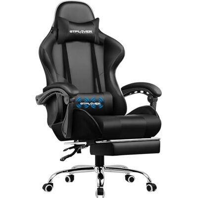 GTPLAYER Chaise de bureau, chaise de jeu, ergonomique, avec repose-pieds, appuie-tête, coussin lombaire rembourré, fauteuil pivotant, noir GTPLAYER Chaise de bureau, chaise de jeu, ergonomique, avec repose-pieds, appuie-tête, coussin lombaire rembourré, fauteuil pivotant, noir