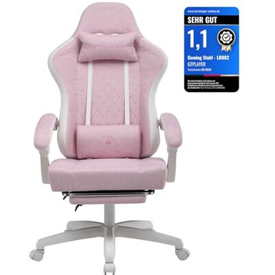 GTPLAYER Chaise de gaming ergonomique avec surface en tissu, coussin de siège à ressort, accoudoirs de connexion et repose-pieds, blanc/rose GTPLAYER Chaise de gaming ergonomique avec surface en tissu, coussin de siège à ressort, accoudoirs de connexion et repose-pieds, blanc/rose