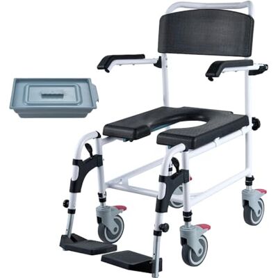 VEVOR Chaise percée de douche avec 4 roues verrouillables, repose-pieds, accoudoirs rabattables, hauteur réglable à 3 niveaux, seau amovible de 5 L, capacité de 158,8 kg, chaise percée pour adultes et VEVOR Chaise percée de douche avec 4 roues verrouillables, repose-pieds, accoudoirs rabattables, hauteur réglable à 3 niveaux, seau amovible de 5 L, capacité de 158,8 kg, chaise percée pour adultes et