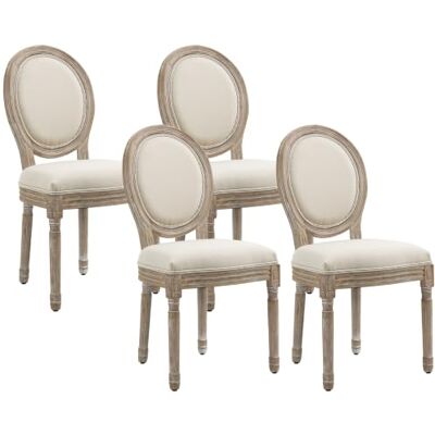 HOMCOM Lot de 4 Chaises de Salle à Manger Médaillon Style Louis XVI Beige Chaise de Salon, Bois Massif Sculpté Patiné, Aspect Lin HOMCOM Lot de 4 Chaises de Salle à Manger Médaillon Style Louis XVI Beige Chaise de Salon, Bois Massif Sculpté Patiné, Aspect Lin