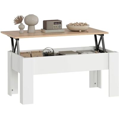 HOMCOM Table Basse relevable, Table de Salon avec Compartiment caché, Style Moderne, pour Salon, Bureau, 100 x 50 x 45 cm, Blanc HOMCOM Table Basse relevable, Table de Salon avec Compartiment caché, Style Moderne, pour Salon, Bureau, 100 x 50 x 45 cm, Blanc