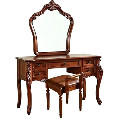 ASYJVWYZ Table de maquillage européenne vintage marron, avec 5 tiroirs et miroir coiffeuse sculptée vintage, longueur : 100/120/130 cm, avec tabouret (L 130 cm) ASYJVWYZ Table de maquillage européenne vintage marron, avec 5 tiroirs et miroir coiffeuse sculptée vintage, longueur : 100/120/130 cm, avec tabouret (L 130 cm)