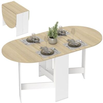 HOMCOM Table à Manger Pliante, Table Pliante Cuisine Ovale jusqu'à 6 Personnes, pour Petits espaces, Salle à Manger, Blanc et Bois Naturel HOMCOM Table à Manger Pliante, Table Pliante Cuisine Ovale jusqu'à 6 Personnes, pour Petits espaces, Salle à Manger, Blanc et Bois Naturel