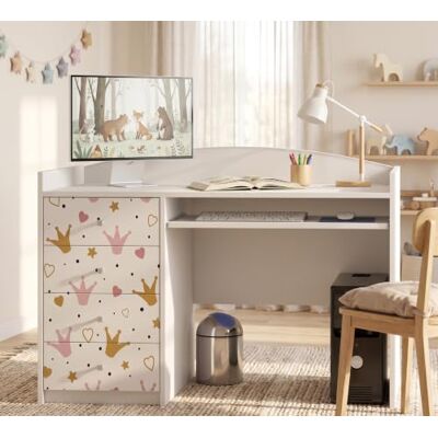 Happy Babies Grand bureau pour enfant, blanc, 125 x 60 cm, avec 4 tiroirs, bureau d'étudiant pour garçons et filles, table d'apprentissage avec motif au choix (n° 404) Happy Babies Grand bureau pour enfant, blanc, 125 x 60 cm, avec 4 tiroirs, bureau d'étudiant pour garçons et filles, table d'apprentissage avec motif au choix (n° 404)