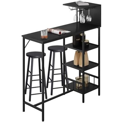 WOLTU Table de bar avec tabourets de bar, table de bistrot avec 2 tabourets de bar, table de comptoir avec étagère à vin, support en verre, table de cuisine avec 3 étagères, tabouret de bar rond, WOLTU Table de bar avec tabourets de bar, table de bistrot avec 2 tabourets de bar, table de comptoir avec étagère à vin, support en verre, table de cuisine avec 3 étagères, tabouret de bar rond,