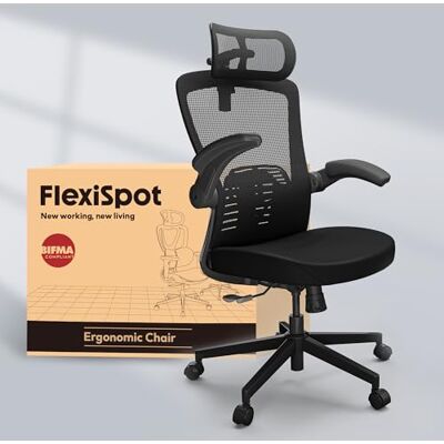 FLEXISPOT Chaise de Bureau Ergonomique avec Appuie-tête 3D, Dossier Réglable en Hauteur, Accoudoirs Relevables en PU, Assise en Maille en Form de W, Dossier Réglable à 135°et Charge de 150 kg, Noir FLEXISPOT Chaise de Bureau Ergonomique avec Appuie-tête 3D, Dossier Réglable en Hauteur, Accoudoirs Relevables en PU, Assise en Maille en Form de W, Dossier Réglable à 135°et Charge de 150 kg, Noir
