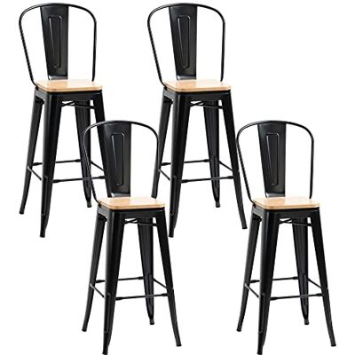 HOMCOM Lot de 4 tabourets de Bar Industriel avec Dossier Repose-Pied Hauteur Assise 76 cm métal Noir Panneaux Multicouches Imitation Bois Clair HOMCOM Lot de 4 tabourets de Bar Industriel avec Dossier Repose-Pied Hauteur Assise 76 cm métal Noir Panneaux Multicouches Imitation Bois Clair