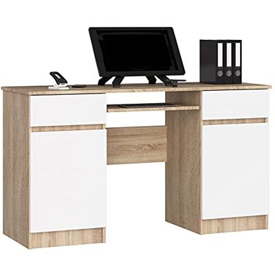 AKORD Bureau PC A5 avec étagère pour clavier Table de bureau Sonoma chêne/blanc 2 tiroirs et 2 étagères de porte (L x l x H) 135 x 77 x 50 cm, 58 kg AKORD Bureau PC A5 avec étagère pour clavier Table de bureau Sonoma chêne/blanc 2 tiroirs et 2 étagères de porte (L x l x H) 135 x 77 x 50 cm, 58 kg