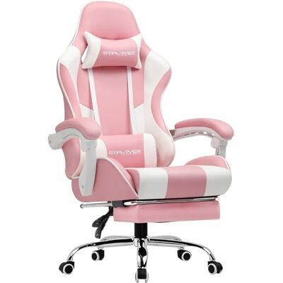 GTPLAYER Chaise de jeu, ergonomique, avec repose-pieds, appuie-tête, coussin lombaire rembourré, pivotant, rose GTPLAYER Chaise de jeu, ergonomique, avec repose-pieds, appuie-tête, coussin lombaire rembourré, pivotant, rose