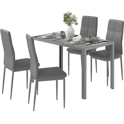 HOMCOM Ensemble Table à Manger avec 4 chaises, Table de Cuisine avec chaises en Cuir synthétique, Plateau rectangulaire en Verre trempé, Pieds en Acier, pour Petit Espace, Appartement, Bistro, Gris HOMCOM Ensemble Table à Manger avec 4 chaises, Table de Cuisine avec chaises en Cuir synthétique, Plateau rectangulaire en Verre trempé, Pieds en Acier, pour Petit Espace, Appartement, Bistro, Gris