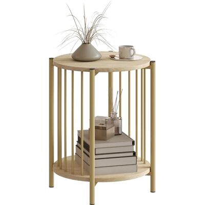 HOMCOM Table d'appoint, Bout de canapé à 2 Niveaux avec étagère de Rangement et Cadre en Acier, Table Basse pour Salon, Chambre, Ø 41 x 49 cm, Effet Bois Naturel HOMCOM Table d'appoint, Bout de canapé à 2 Niveaux avec étagère de Rangement et Cadre en Acier, Table Basse pour Salon, Chambre, Ø 41 x 49 cm, Effet Bois Naturel