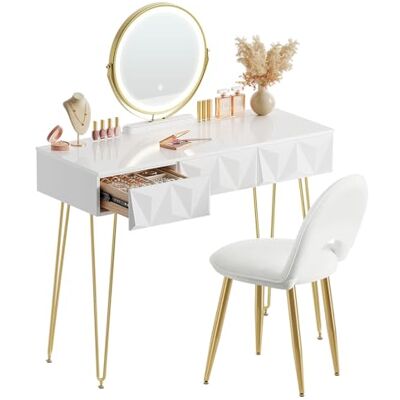 EUGAD Toilettes de maquillage avec lumières LED, luminosité réglable, poste de maquillage avec chaise en velours, avec 3 tiroirs, assemblage facile, blanc et doré EUGAD Toilettes de maquillage avec lumières LED, luminosité réglable, poste de maquillage avec chaise en velours, avec 3 tiroirs, assemblage facile, blanc et doré