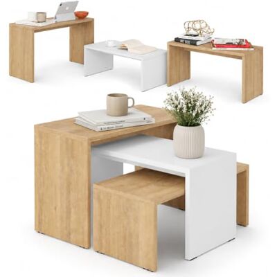 BAKAJI Lot de 3 tables basses encastrables design moderne en bois MDF bicolore chêne. Dimensions : 65 x 30 x 39 cm BAKAJI Lot de 3 tables basses encastrables design moderne en bois MDF bicolore chêne. Dimensions : 65 x 30 x 39 cm