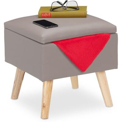Relaxdays Pouf avec rangement en similicuir, 40 x 40 x 40 cm, gris avec couvercle, rembourré Relaxdays Pouf avec rangement en similicuir, 40 x 40 x 40 cm, gris avec couvercle, rembourré