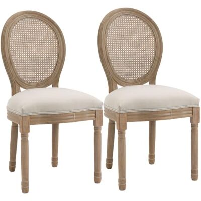 HOMCOM Lot de 2 Chaises de Salle à Manger Médaillon Style Louis XVI Crème Chaise de Salon, Bois Massif Sculpté Patiné, Dossier Cannage, Aspect Lin HOMCOM Lot de 2 Chaises de Salle à Manger Médaillon Style Louis XVI Crème Chaise de Salon, Bois Massif Sculpté Patiné, Dossier Cannage, Aspect Lin