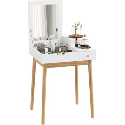 HOMCOM Coiffeuse avec Miroir Table de Maquillage Style Moderne 2 tiroirs, Miroir Rabattable pour Chambre à Coucher, Salon, 60 x 50 x 85,5 cm Blanc HOMCOM Coiffeuse avec Miroir Table de Maquillage Style Moderne 2 tiroirs, Miroir Rabattable pour Chambre à Coucher, Salon, 60 x 50 x 85,5 cm Blanc