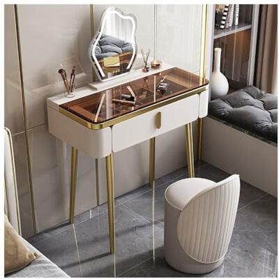 HADECOLL Table de maquillage avec plateau en verre glamour avec miroir et chaise avec pieds en métal, blanc, 80 cm HADECOLL Table de maquillage avec plateau en verre glamour avec miroir et chaise avec pieds en métal, blanc, 80 cm