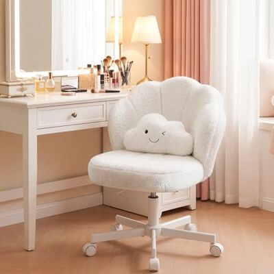 COMHOMA Chaise de Bureau en Forme de Pétale, Chaise Coiffeuse avec Dossier Double Couche et Coussin Lombaire Nuage, Chaise Ergonomique pour Bureau, Chambre, Réglable, Pivotant, en Tissu Teddy, Blanc COMHOMA Chaise de Bureau en Forme de Pétale, Chaise Coiffeuse avec Dossier Double Couche et Coussin Lombaire Nuage, Chaise Ergonomique pour Bureau, Chambre, Réglable, Pivotant, en Tissu Teddy, Blanc