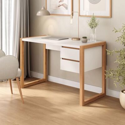 IDIMEX Belinda Bureau à 2 tiroirs, blanc/chêne, table de bureau à domicile, en bois de pin massif, design moderne avec espace de rangement pratique IDIMEX Belinda Bureau à 2 tiroirs, blanc/chêne, table de bureau à domicile, en bois de pin massif, design moderne avec espace de rangement pratique