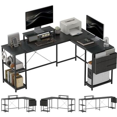 HOMCOM Bureau d'angle réversible, 168-240 cm, bureau d'ordinateur avec étagère réglable, support d'écran, crochets et sac de rangement, table informatique pour chambre ou coin travail, noir HOMCOM Bureau d'angle réversible, 168-240 cm, bureau d'ordinateur avec étagère réglable, support d'écran, crochets et sac de rangement, table informatique pour chambre ou coin travail, noir