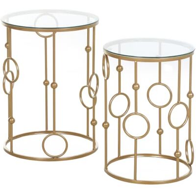 HOMCOM Lot de 2 tables rondes café en verre trempé doré Tables d'appoint imbriquées avec structure en acier pour salon HOMCOM Lot de 2 tables rondes café en verre trempé doré Tables d'appoint imbriquées avec structure en acier pour salon