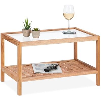 Relaxdays Table d'appoint avec étagère en verre 35 x 60 x 40 cm, table de rangement en bois de noyer naturel Relaxdays Table d'appoint avec étagère en verre 35 x 60 x 40 cm, table de rangement en bois de noyer naturel