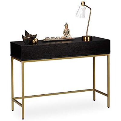 Relaxdays Table de console, 2 tiroirs, meuble d’appoint aspect bois, salon, couloir, HLP 80x110x40 cm, noir/doré Relaxdays Table de console, 2 tiroirs, meuble d’appoint aspect bois, salon, couloir, HLP 80x110x40 cm, noir/doré
