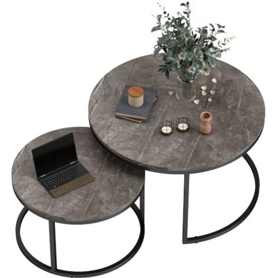 HOMCOM Lot de 2 Tables Basses Gigognes Empilable Gris Table Basse Ronde, Design Industriel, Pieds en Métal HOMCOM Lot de 2 Tables Basses Gigognes Empilable Gris Table Basse Ronde, Design Industriel, Pieds en Métal