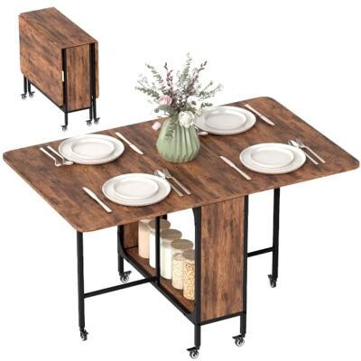 HOMCOM Table à Manger Pliante sur Roulettes 130 x 80 x 74 cm, Brun Rustique HOMCOM Table à Manger Pliante sur Roulettes 130 x 80 x 74 cm, Brun Rustique