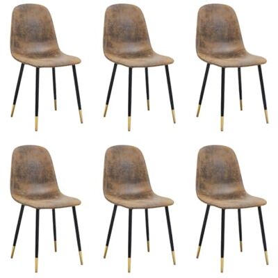 FurnitureR Lot de 6 chaises de salle à manger en daim synthétique scandinave vintage pour salle à manger, pieds noirs et dorés, marron FurnitureR Lot de 6 chaises de salle à manger en daim synthétique scandinave vintage pour salle à manger, pieds noirs et dorés, marron