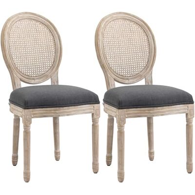 HOMCOM Lot de 2 chaises de Salle à Manger Chaise de Salon médaillon Style Louis XVI Bois Massif sculpté, patiné Dossier cannage Aspect Lin Gris HOMCOM Lot de 2 chaises de Salle à Manger Chaise de Salon médaillon Style Louis XVI Bois Massif sculpté, patiné Dossier cannage Aspect Lin Gris