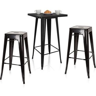 hjh OFFICE Vantaggio Lot de 2 chaises de bar + table de bar, design industriel, empilables et peu encombrantes, avec pieds en caoutchouc pour un maintien ferme, stable et durable, noir hjh OFFICE Vantaggio Lot de 2 chaises de bar + table de bar, design industriel, empilables et peu encombrantes, avec pieds en caoutchouc pour un maintien ferme, stable et durable, noir