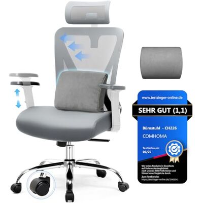 COMHOMA Chaise de bureau ergonomique avec appui-tête 3D et support lombaire 3D, accoudoirs réglables, fonction bascule et bascule, grise COMHOMA Chaise de bureau ergonomique avec appui-tête 3D et support lombaire 3D, accoudoirs réglables, fonction bascule et bascule, grise