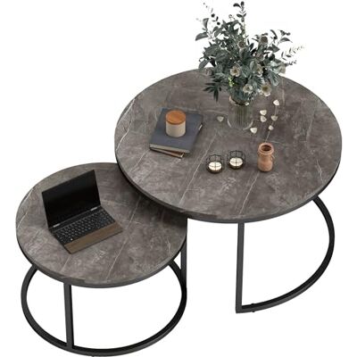 HOMCOM Lot de 2 tables basses rondes empilables Design industriel Table basse de salon Pieds en métal Gris HOMCOM Lot de 2 tables basses rondes empilables Design industriel Table basse de salon Pieds en métal Gris