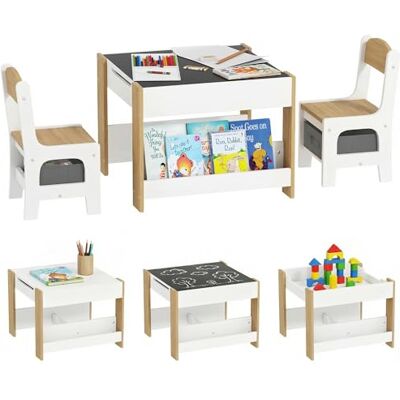 HOMCOM Ensemble 3 pièces Table et 2 chaises pour Enfant avec Plateau Table réversible Tableau Noir, Panier de Rangement, étagères Bois Naturel HOMCOM Ensemble 3 pièces Table et 2 chaises pour Enfant avec Plateau Table réversible Tableau Noir, Panier de Rangement, étagères Bois Naturel
